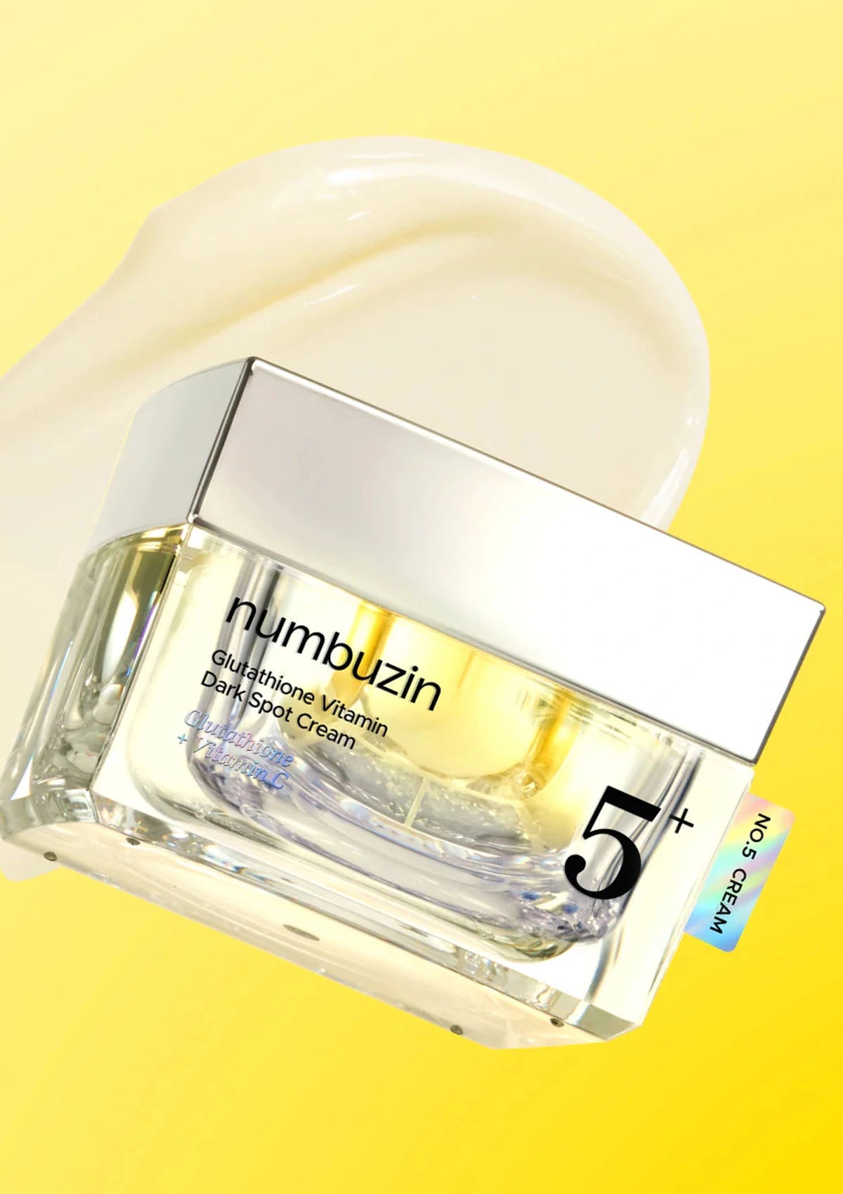 Skincare cream jar with 'Numbuzin' branding on a yellow background